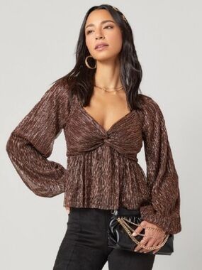 Mi Ami  - Twist Front Long Bell-Sleeve Brown Metallic Top - sz M